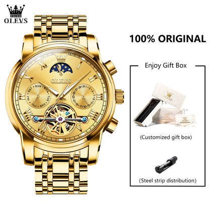 OLEVS 6617 Men's Classic Mechanical Watch Waterproof Business Stainless Steel Strap Watch  Sun And Moon 30M Waterproof Watch