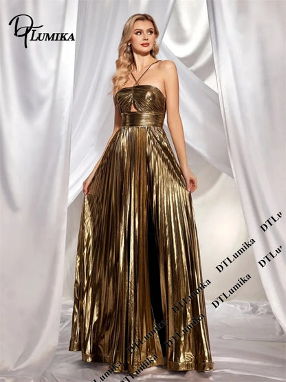 DTLumika Metallic Gold Pleated Maxi Party Gown with Brilliant Reflective Finish Long Evening Dresses Halter Cocktail Dinner Gown