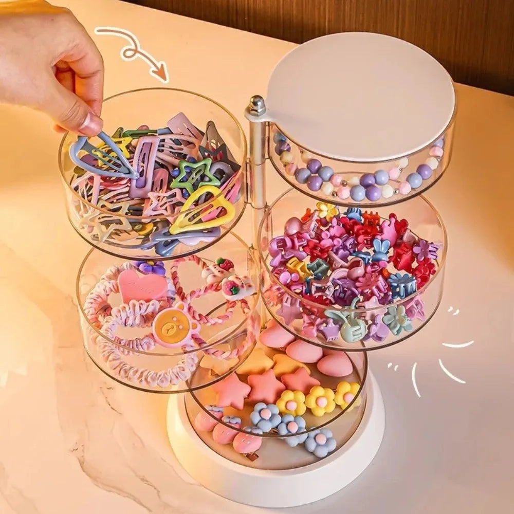 360 Rotating Clear Hair Accessory Organizer Compact Plastic Storage Box Multi Layer Desktop Display Case for Girls Jewelry