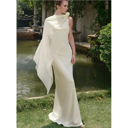 Champagne Yellow Satin Spaghetti Strap Evening Dress Women’s Elegant Flower Decor Formal Gown Slim Maxi Dress Wedding Prom
