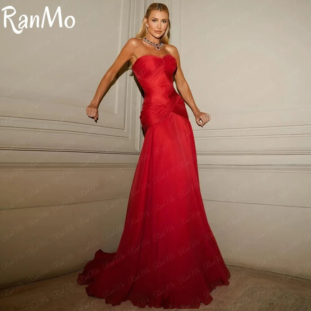 Ranmo 2025 Red Shiny Evening Dresses Sweatheart Mermaid Pleat Formal Occasion Dresses Elegant Maxi Prom Party Gowns Customized