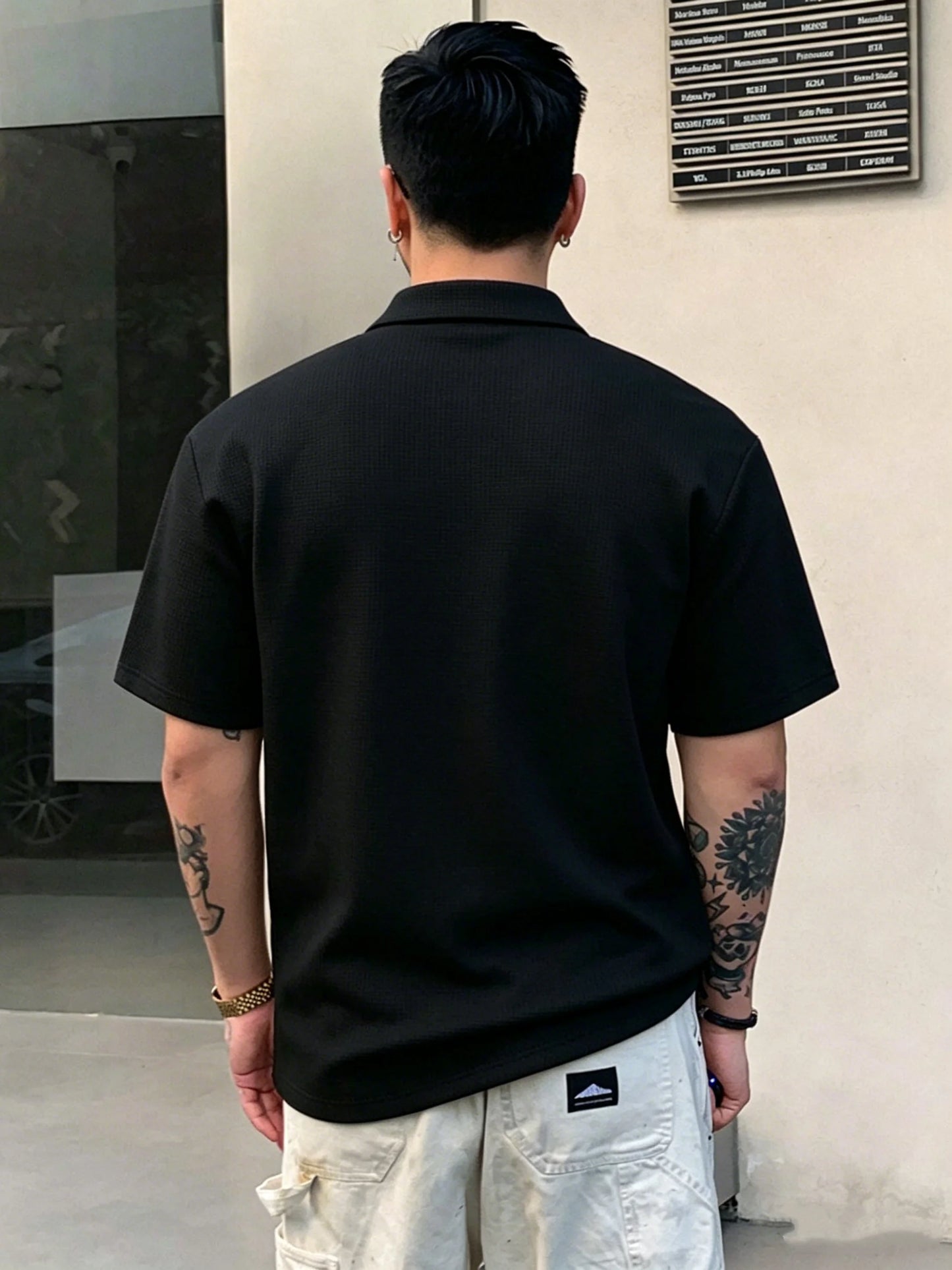 European and American style men's waffle half zip polo shirt denim contrasting pocket short sleeved popular foreign trade item