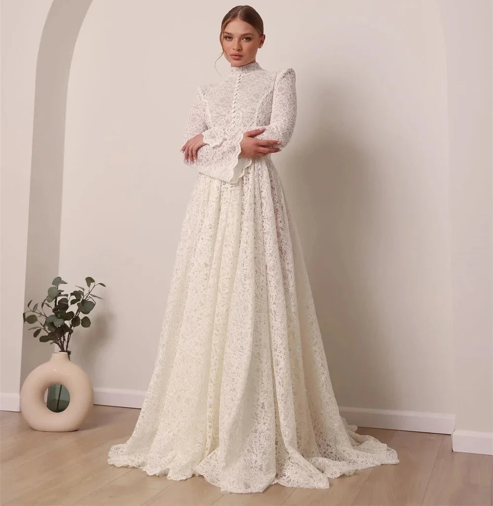 Allure Bridals Wedding Dress Lace High Neck Long Sleeves A-Line Floor-Length Bridal Dress Vestidos de novia Arab Robes de mariée