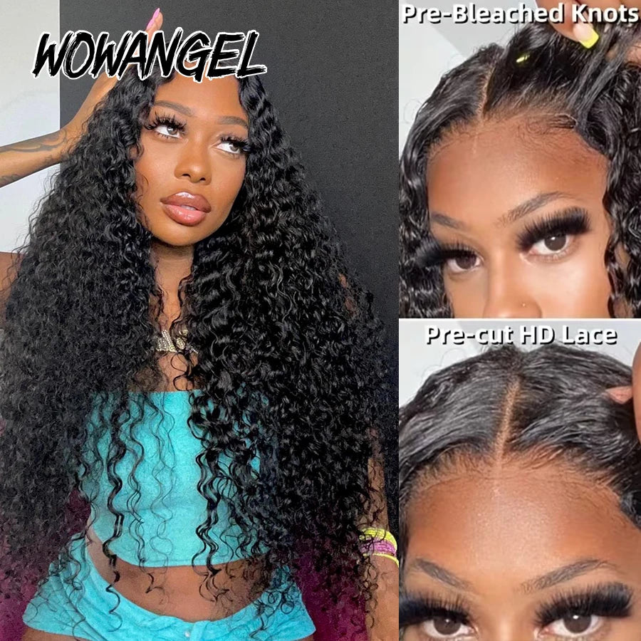 WOWANGEL Bye Bye Knots Water Wave Wigs With Drawstring 7x6 HD Lace Closure Wig 100% Human Hair Pre Plucked Curly Glueless Wigs