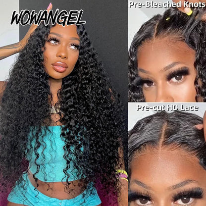 WOWANGEL Bye Bye Knots Water Wave Wigs With Drawstring 7x6 HD Lace Closure Wig 100% Human Hair Pre Plucked Curly Glueless Wigs