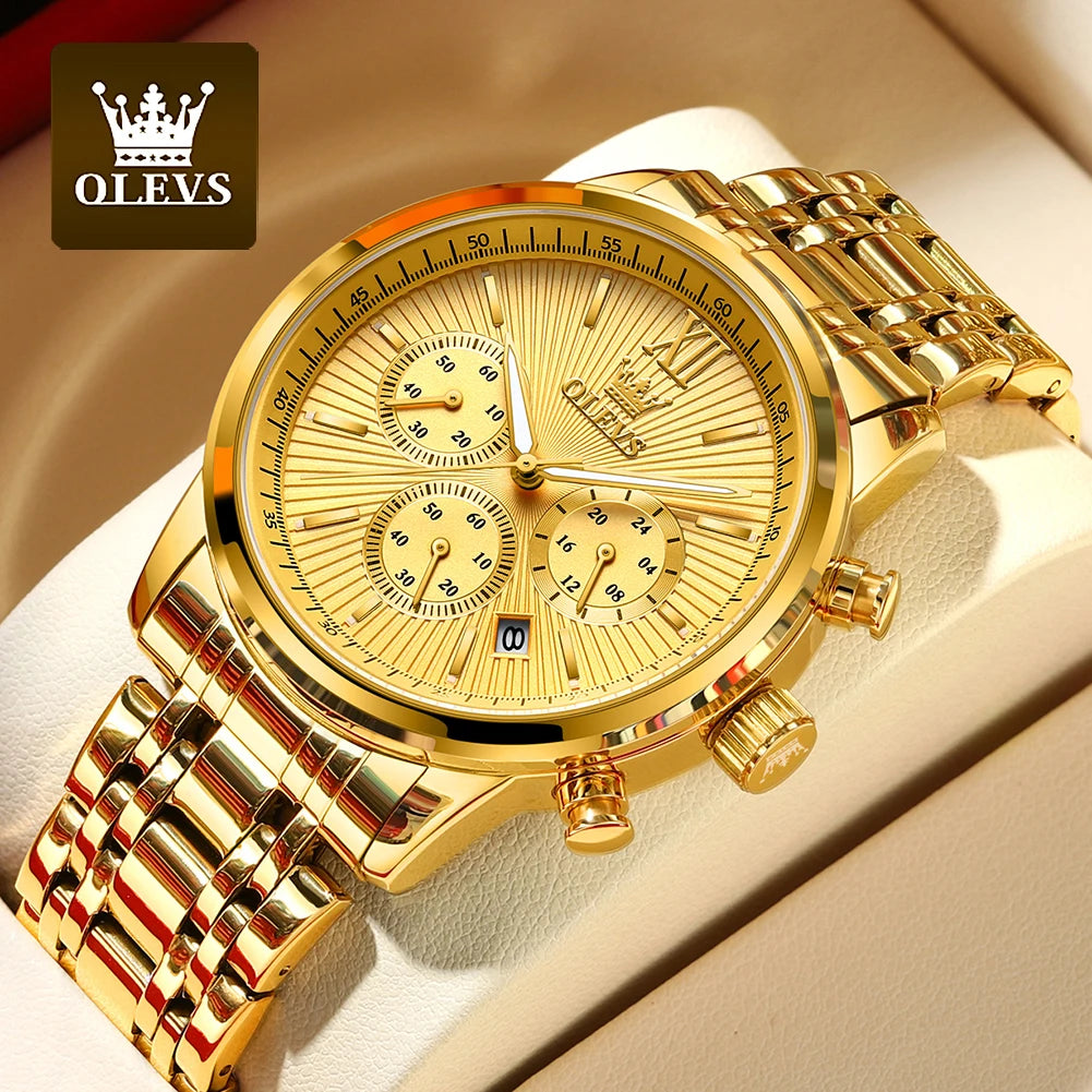 OLEVS Gold Blue Men's Watches Date Chronograph Small Dial Exclusive Design Luxury Business Waterproof Stainless steel Wristwatch