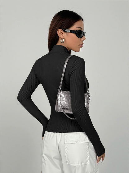 Everyday Ribbed High Neck Zip-Up Top, Slim Fit Long Sleeve Layer for Errands, Coffee Runs & Casual Meetups