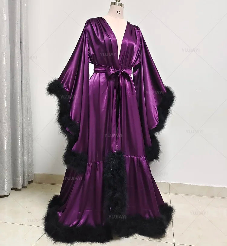 Flare Sleeves Bridal  Nightgown Silk Long Wedding Scarf Dress Gown