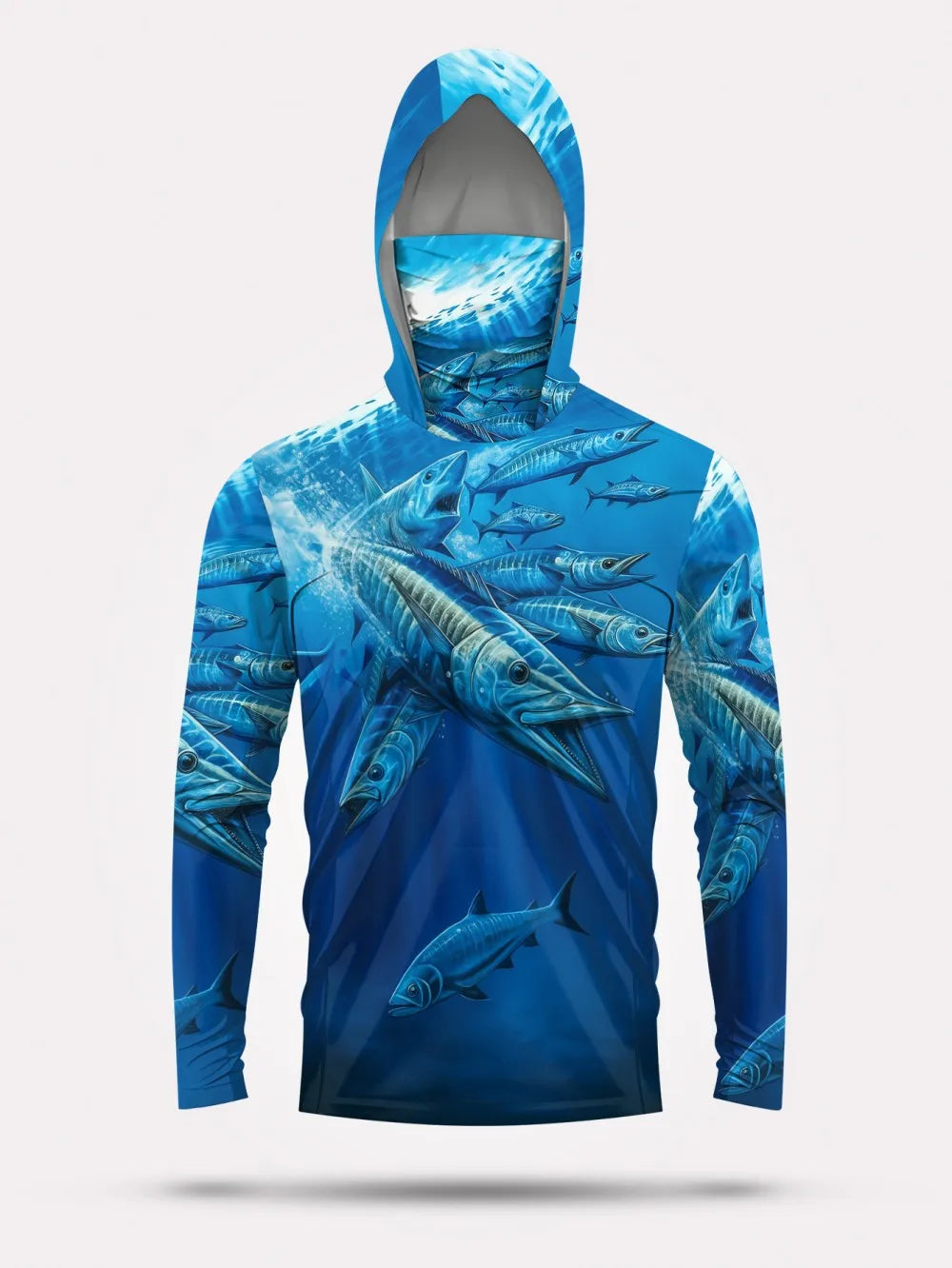 Men's summer fashion fish school print comfortable breathable hooded fishing suit long sleeved T-shirt outdoor casual top