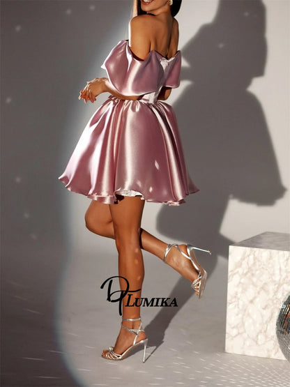 DTLumika Off the Shoulder Strapless Prom Dress Cocktail Club Formal Gowns Customized Glossy Mini Satin Party Dress for Women
