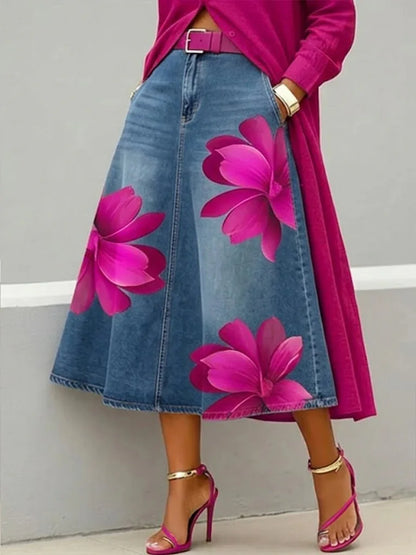 Denim Skirts Women Mid Length Skirt A Line Floral Print Pockets Elegant Splice Y2k Streetwear Work Beach Casual Washed Summer