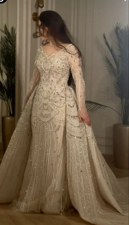 Luxurious Lace Crystal Bead Mermaid Wedding Dress With Sweetheart Long Sleeves And Detachable Trailing Bridal Gown Customized