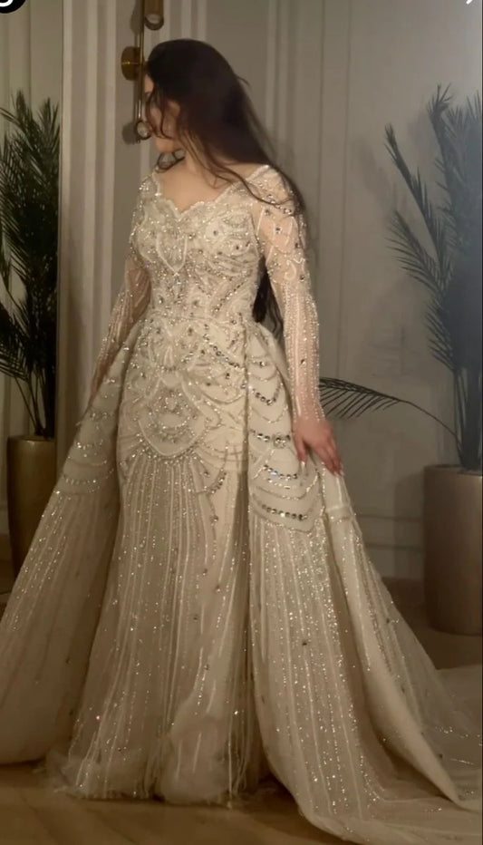 Luxurious Lace Crystal Bead Mermaid Wedding Dress With Sweetheart Long Sleeves And Detachable Trailing Bridal Gown Customized