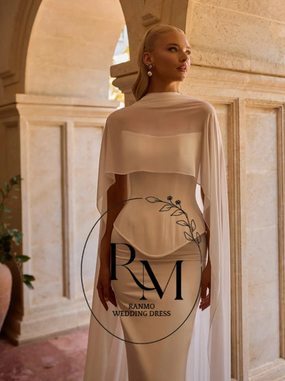 Ranmo White Strapless Mermaid Wedding Dress Sleeveless Satin Vestidos Mujer Detachable Cloak Backless Wedding Gown Customized