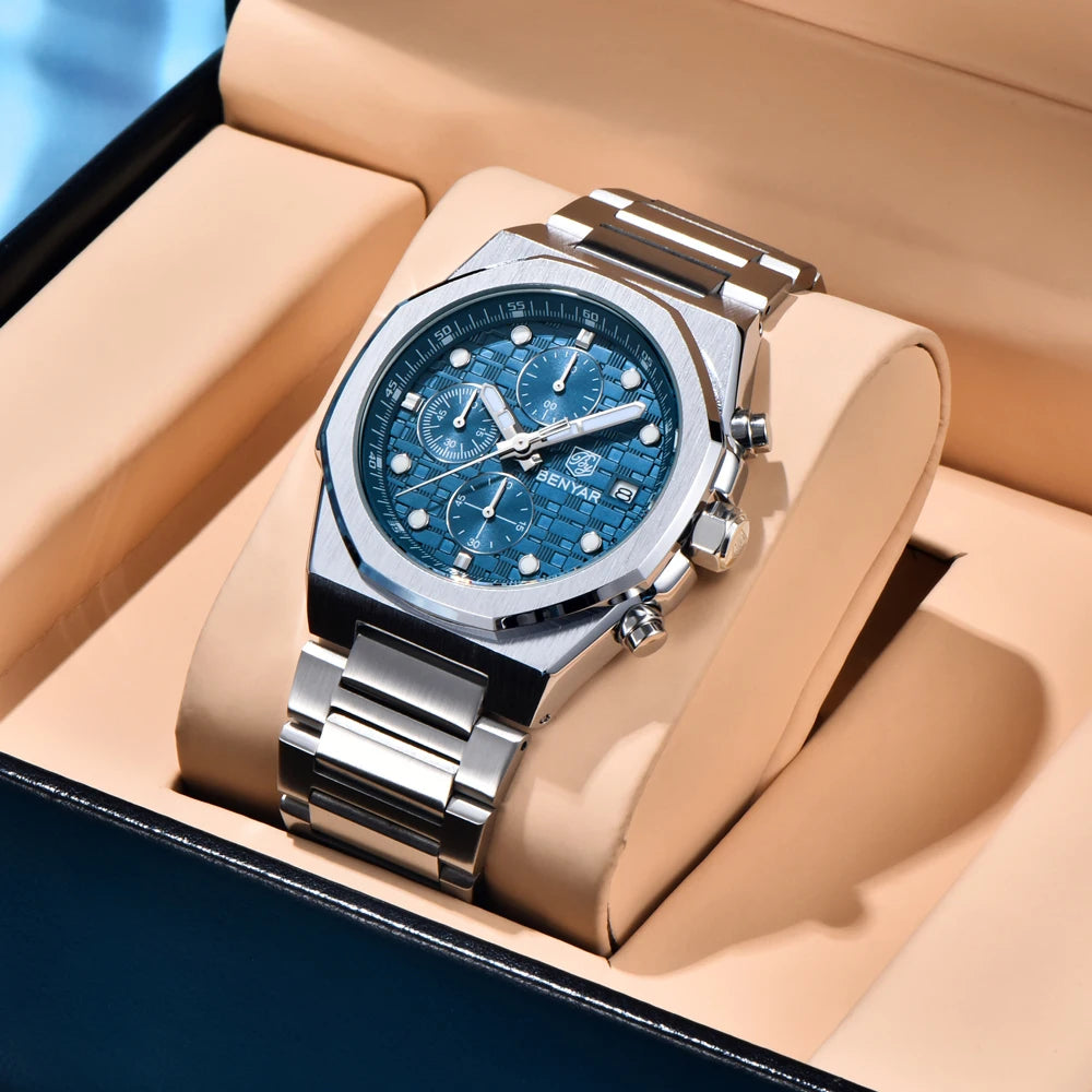 2025 New BENYAR Men's Watches Top Luxury Quartz Wristwatches Chronograph Watch For Man Stainless Steel Waterproof Clock Gift Box