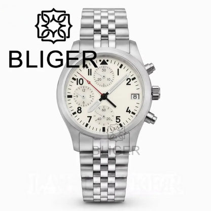 BLIGER Full Black Brushed 38mm VK67 Quartz Aviator Chronograph Watch For Men Domed Sapphire Glass Luminous Dial Waterproof Date