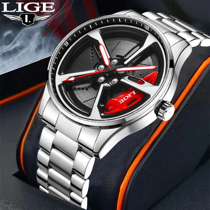 LIGE Unique Creative Quartz Man Watch Steel Band Casual Sports Waterproof Luminous Rotating Wheel Dial Watches for Men Gifts Box
