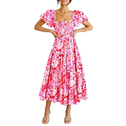 PRETTYGARDEN Women's Casual Summer Midi Dress Puffy Short Sleeve Square Neck Smocked Tie Ruffle Dresses