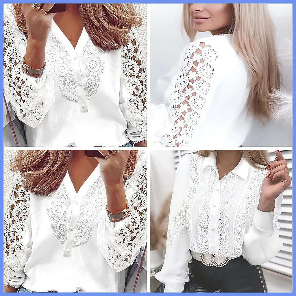 Elegant White Lace Hollow Panel Long Sleeve Blouse for Women, Office Lady Solid Top