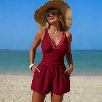 Black Solid Color Sleeveless V Neck Swimsuit with Sheer Mesh Panel Ruched Waist High Stretch Halter Neck Mini Length Swimwear