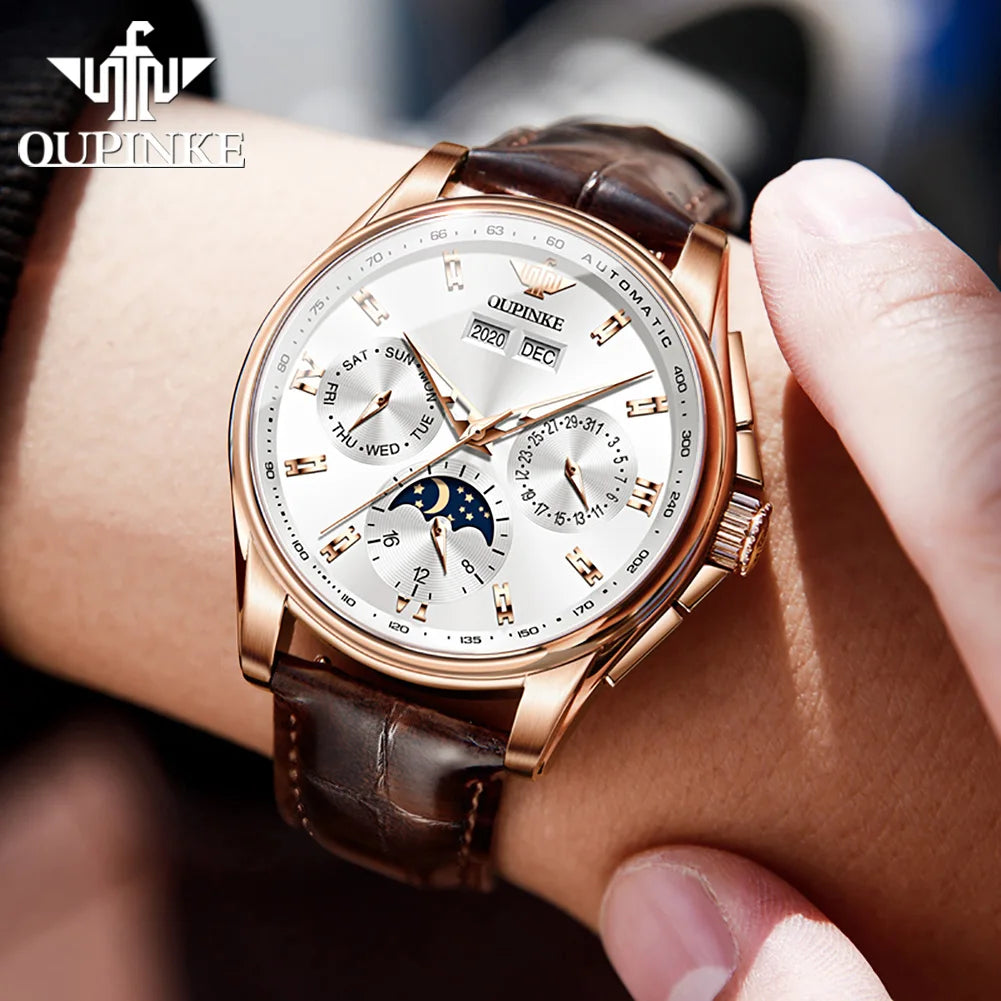 OUPINKE Men's Watches Casual Trend Leather Strap Original Automatic Mechanical Watch for Man Waterproof Moon Phase Calendar New