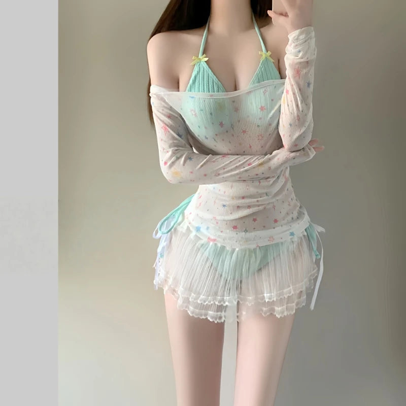 2026 Summer Women's Long Sleeve Bikini Set Korean Fashion Sweet Girl Swimsuit Slimming Beach Bathing Suit with Mesh Cover Up