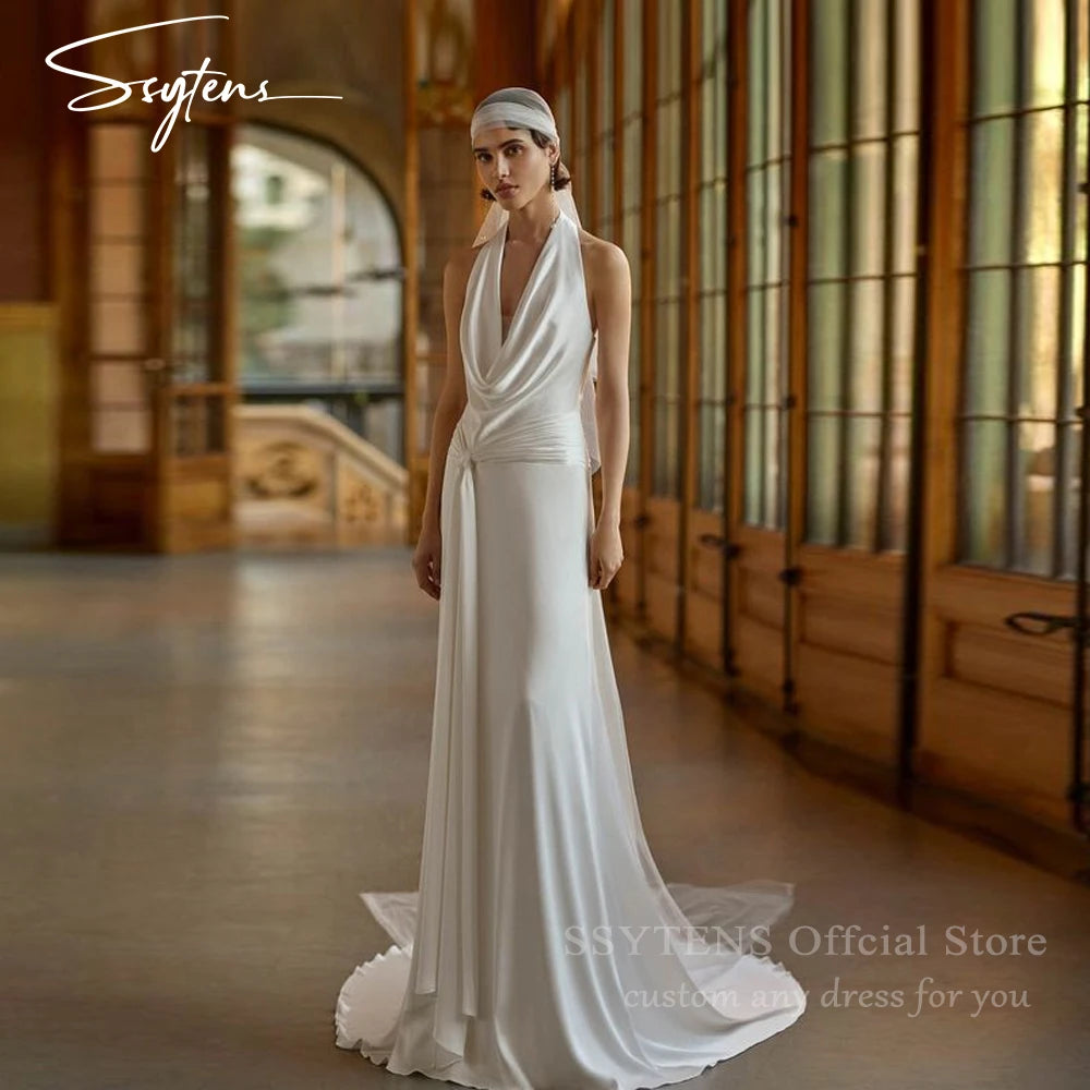 SSYTENS Customized Mermaid White Wedding Dress Woman Sexy Backless Bridal Dress beach Halter Sleeveless Gown robe femme élégante