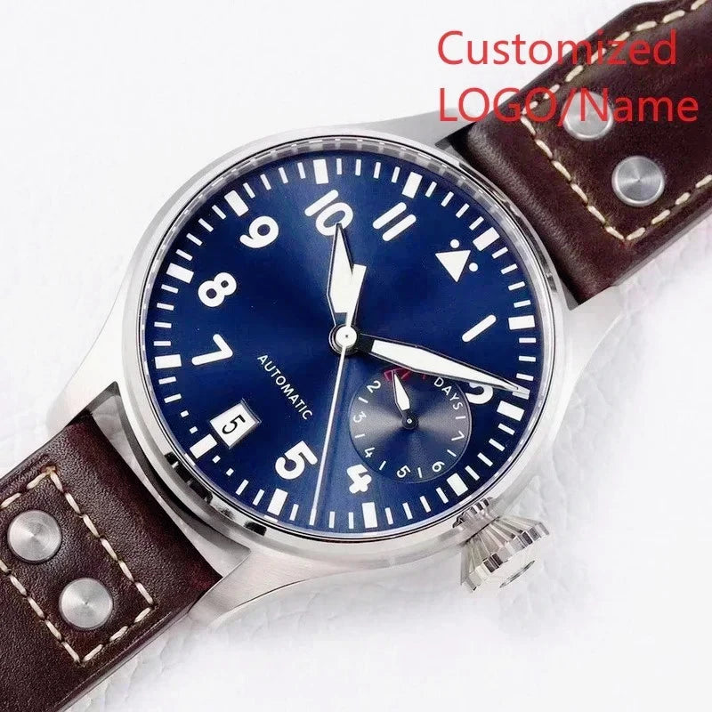 Fashion Sport Pilot Automatic Mechanical Watches High Quality Stainless Steel Case Elegant Black Blue Dial Vintage Brown Leather