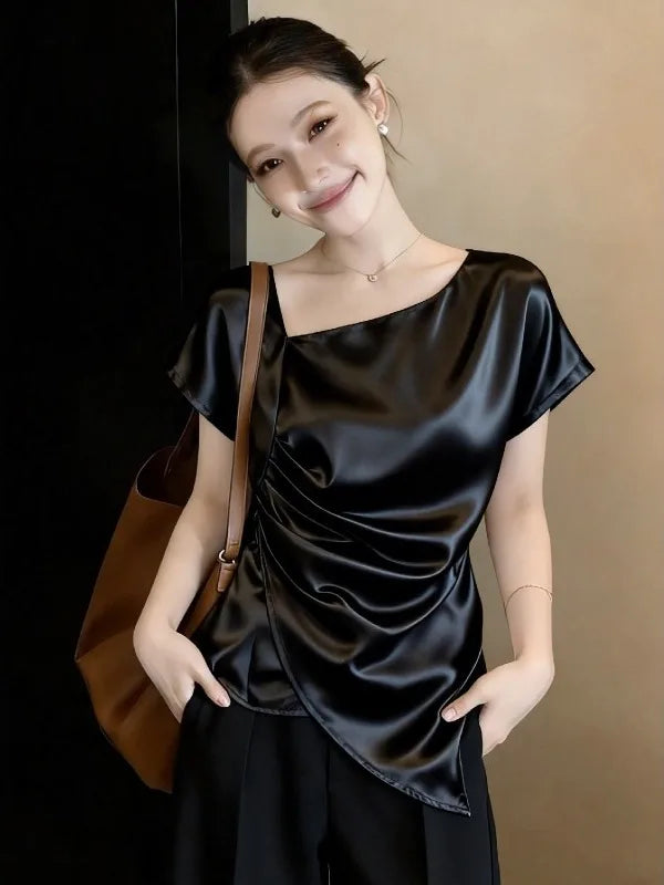 Elegant Acetate Satin Short Sleeve Shirt Women's plus Size Summer New Style Irregular Top Korean Style Loose Fit Commute Wind