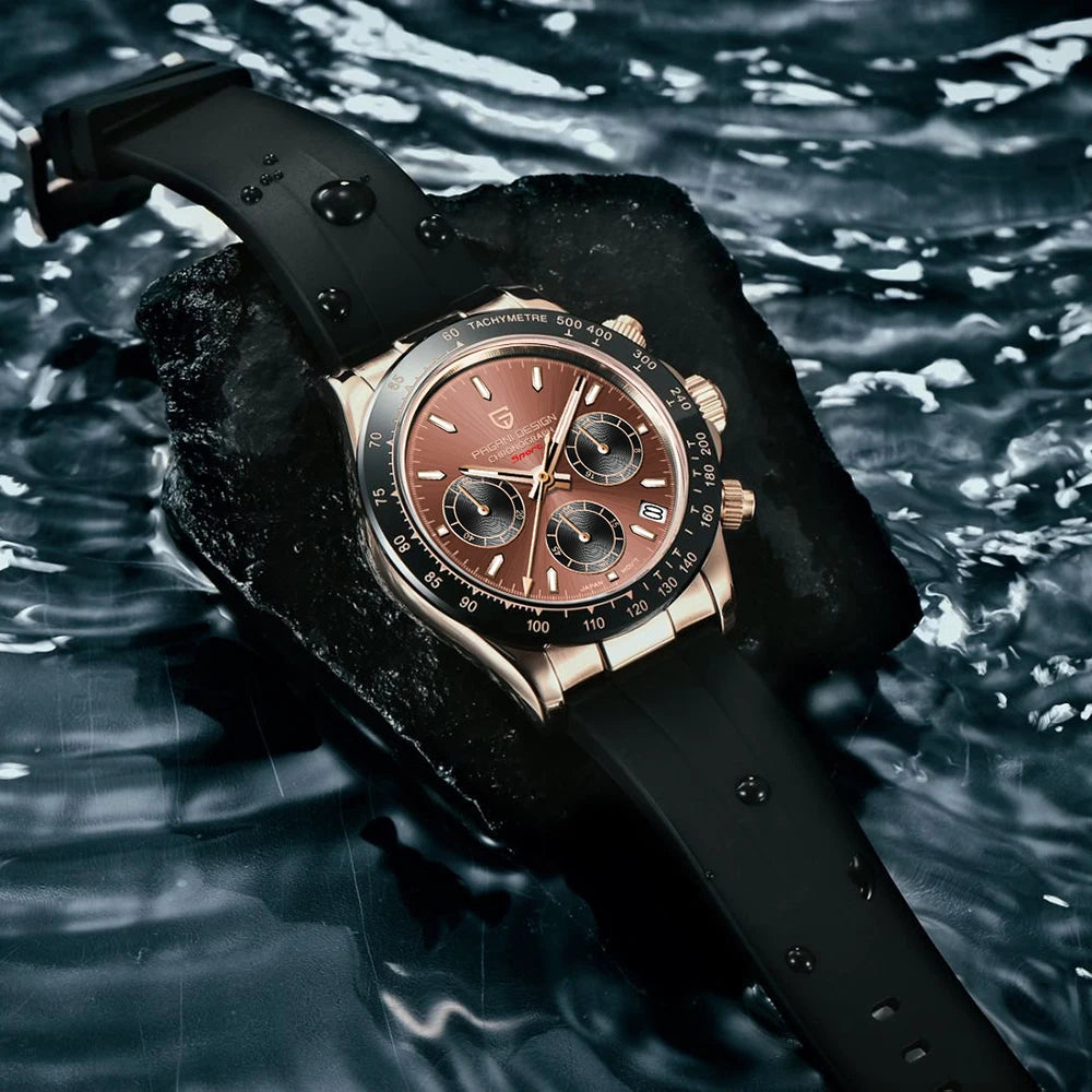 PAGANI DESIGN Men Quartz Chronograph Watch RoseGold Case Black Ceramic Bezel Brown Dial Rubber Strap Waterproof Sports watch+box