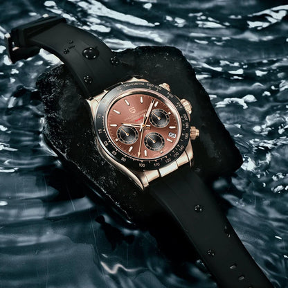 PAGANI DESIGN Men Quartz Chronograph Watch RoseGold Case Black Ceramic Bezel Brown Dial Rubber Strap Waterproof Sports watch+box