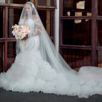 Customized African Elegant Ruffled Mermaid Wedding Dress 2025 New Thick Crystal Beaded Dream Sleeve High Quality Wedding Dress