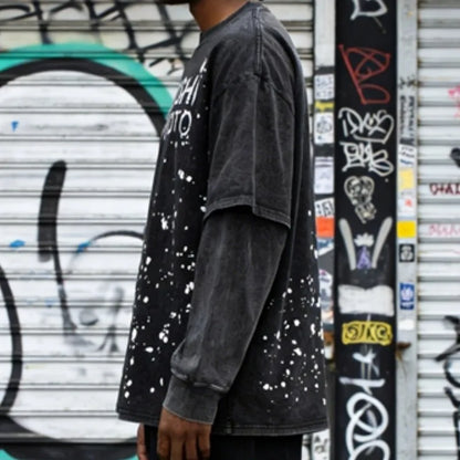 Handmade Ink Splashing Fading Letter Vintage Black SATOSHI Tshirts Hiphop Street Fake Two Piece Long Sleeve Men Women Shorts