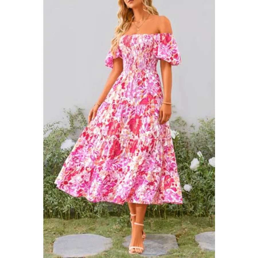PRETTYGARDEN Women's Casual Summer Midi Dress Puffy Short Sleeve Square Neck Smocked Tie Ruffle Dresses