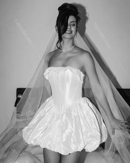 Strapless Taffeta Short Wedding Dress With Detachable Sleeves A Line Knee Length Mini Bridal Party Dress TSWD719
