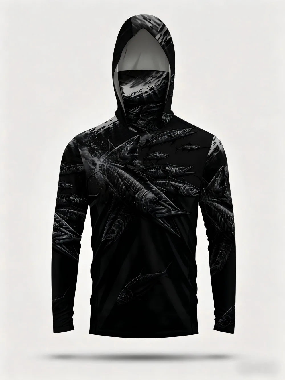 Men's summer fashion fish school print comfortable breathable hooded fishing suit long sleeved T-shirt outdoor casual top