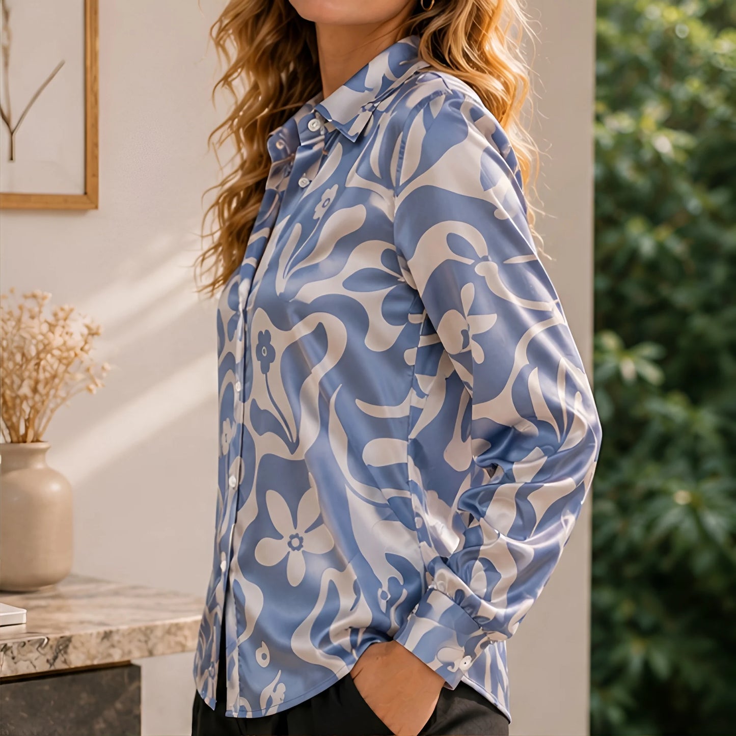 Women Green Satin Blouse White Floral Print Long Sleeve Button Down Shirt Elegant Spring Autumn Office Lady Top Casual Wear New