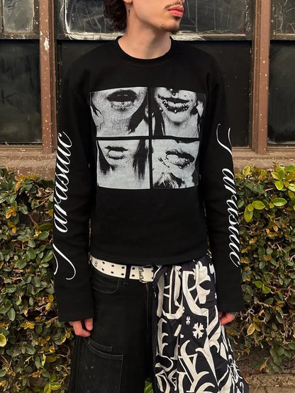 Dark style street punk unisex long sleeved shirt with retro millennium print T-shirt