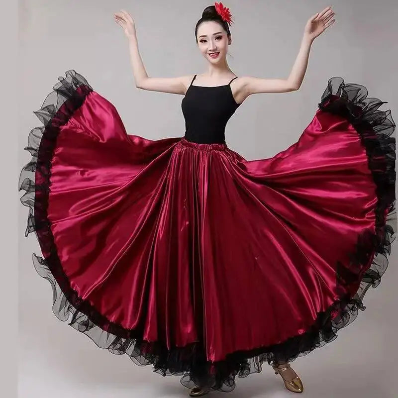 Skirt Gypsy Woman Spanish Flamenco Polyester Satin Smooth Big Swing Carnival Party Ballroom Belly Dance Costumes Dress