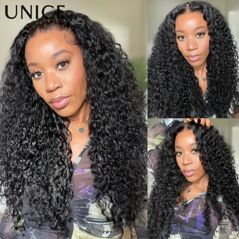 UNice Bye Bye Knots 7x5 Lace Water Wave Curly Wig With Drawstring Pre Cut Pre Bleached Glueless Wig Human Hair Ready To Wear