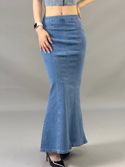 Hot girl high waisted denim fish tail hip hugging skirt for women in 2025 summer new design long dress style
