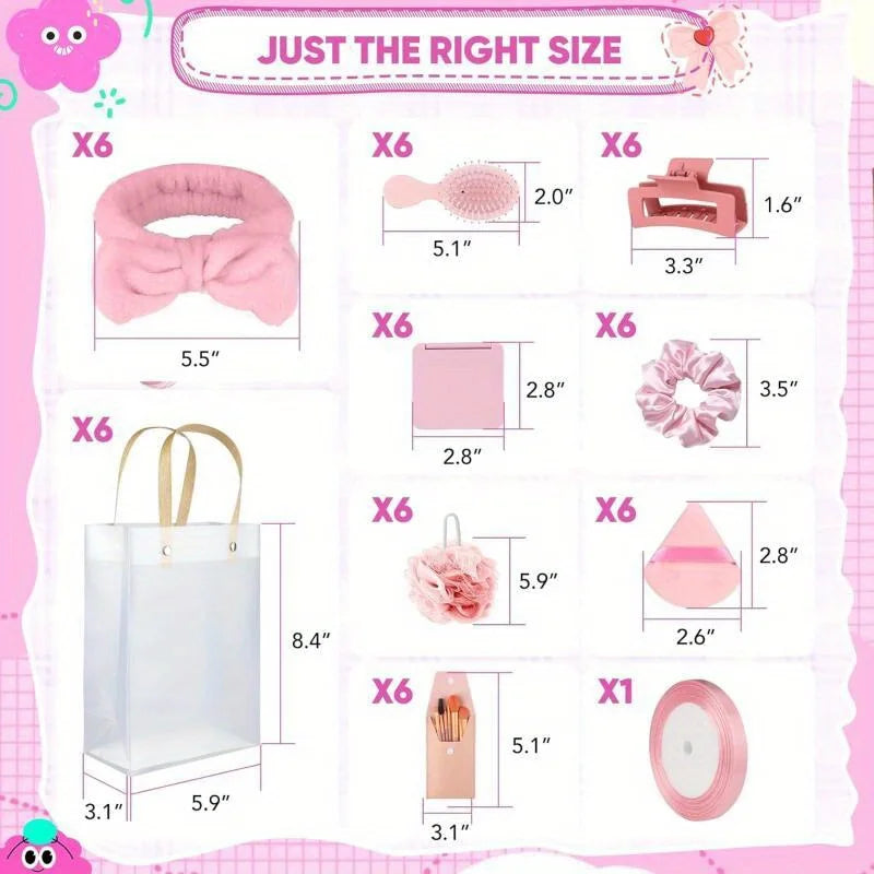 6Sets Shower Prizes For Winners Gifts Shower Favors Including Headband Hair Brush Compact Mirror Bath Sponges Powder Puff Hair Tie Claw Makeup Brushes Gift Bag Bridal Shower, Christmas Gift Set