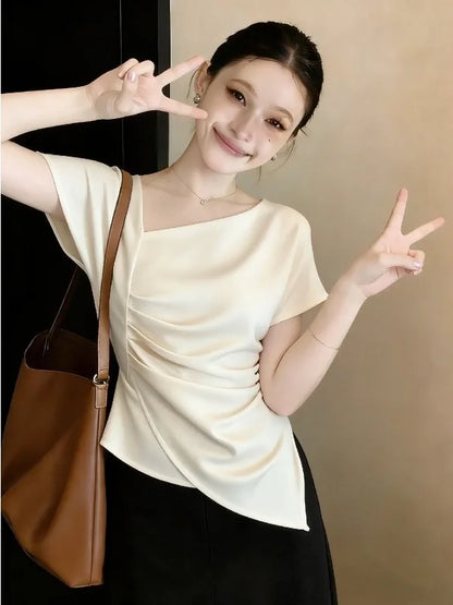 Elegant Acetate Satin Short Sleeve Shirt Women's plus Size Summer New Style Irregular Top Korean Style Loose Fit Commute Wind