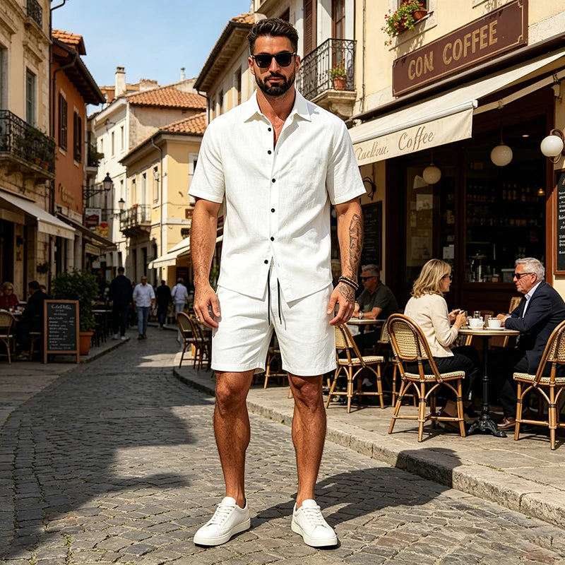Men Linen Two Piece Outfit Short Sleeve Lapel Button Shirt Elastic Drawstring Shorts Summer Daily Seaside Vacation Casual Set