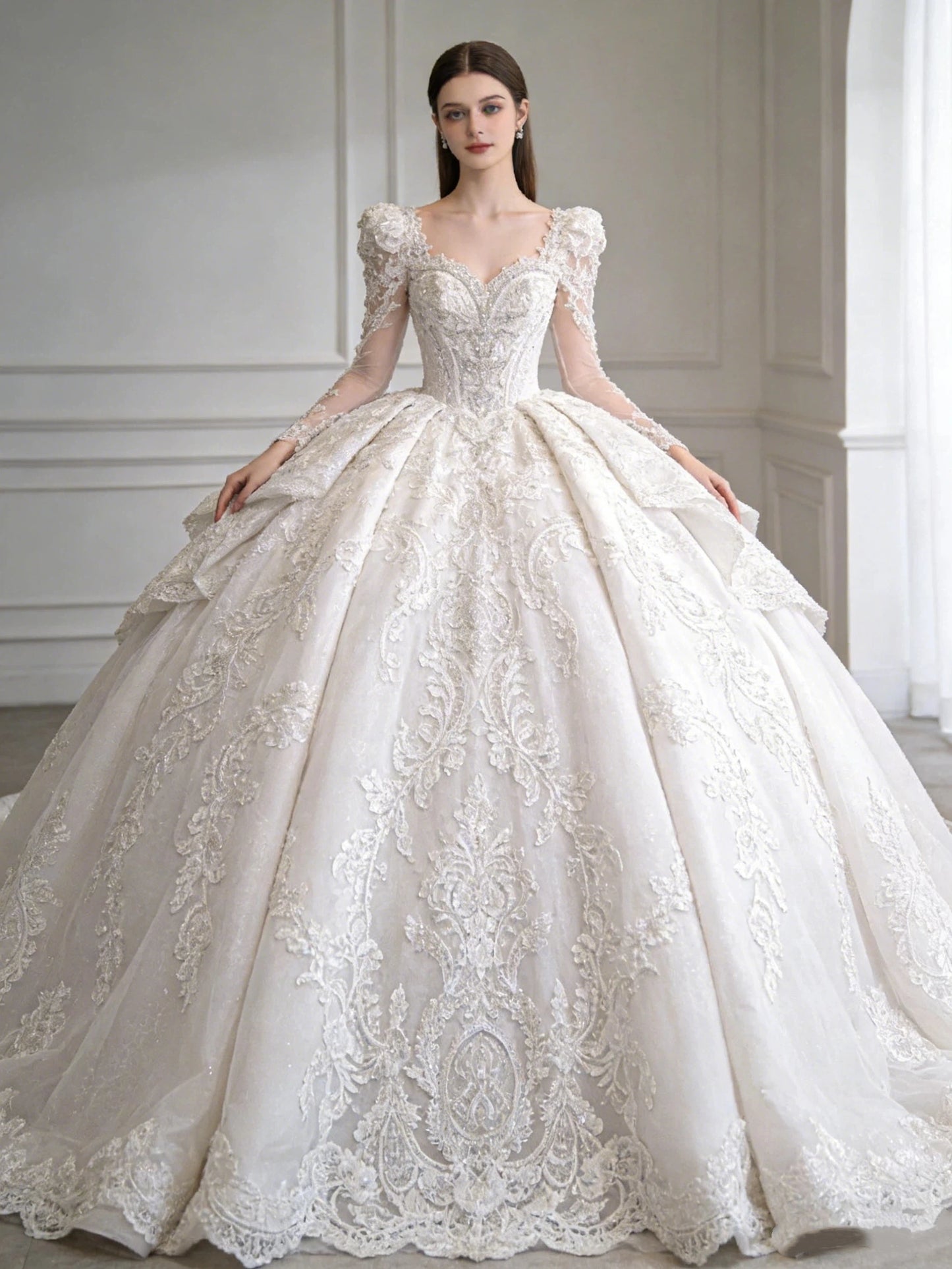 Luxury Crystal A-line Lace Bead Princess Wedding Dress Sexy Sweetheart Long Sleeve Robe De Mariée Bridal Gown Customized