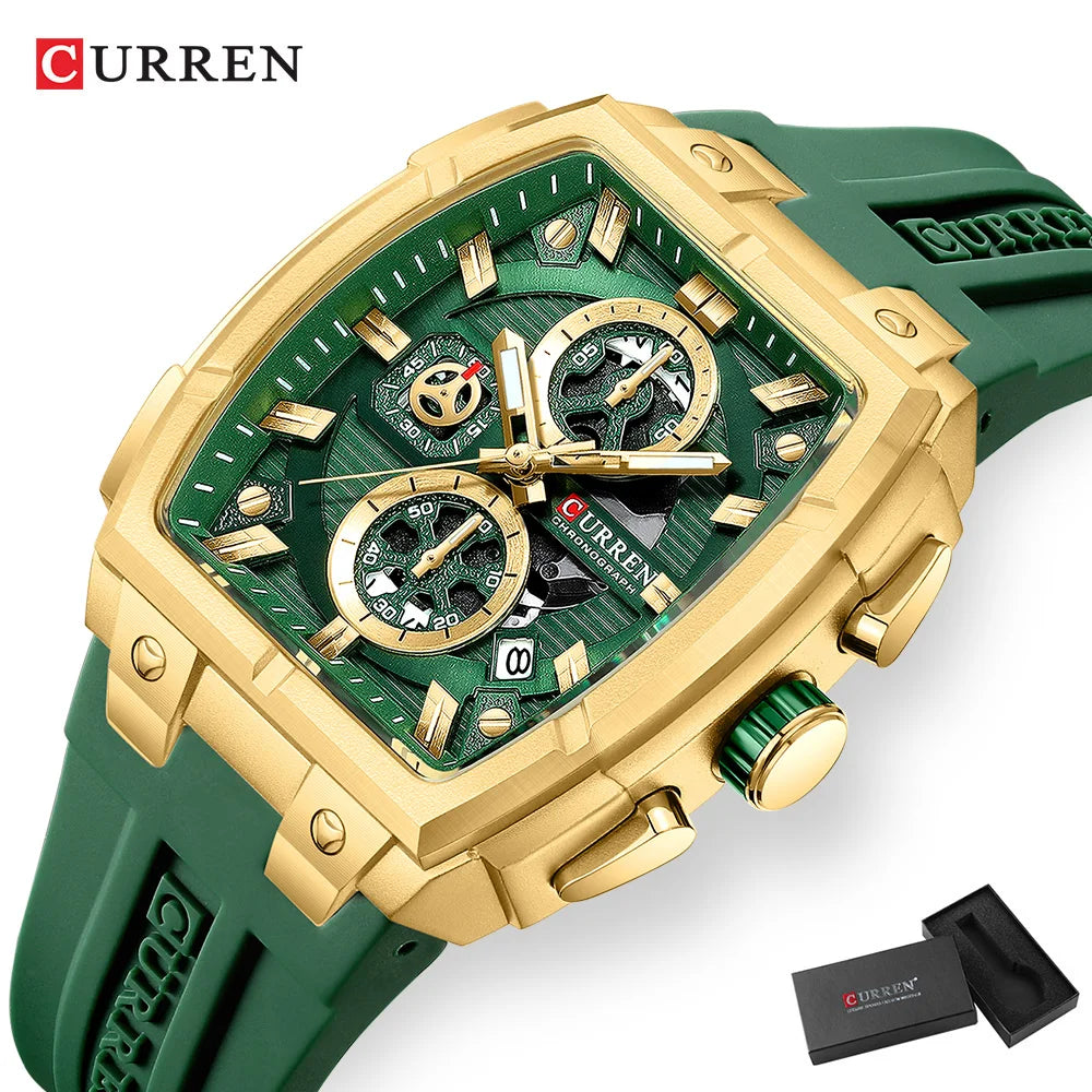 CURREN Luxury Vintage Watch for Men Sports Chronograph Quartz Wristwatches with Silicone Strap,Date,Luminous