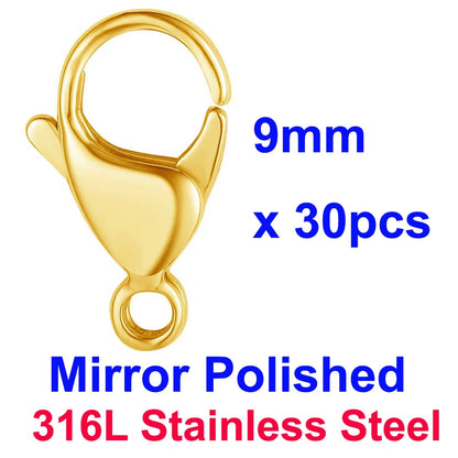 20/30/40 316L Stainless Steel Lobster Clasps Wholesale Mirror Polished 9-19mm 18k Gold Vacuum Plated Diy Jewelry Making Findings