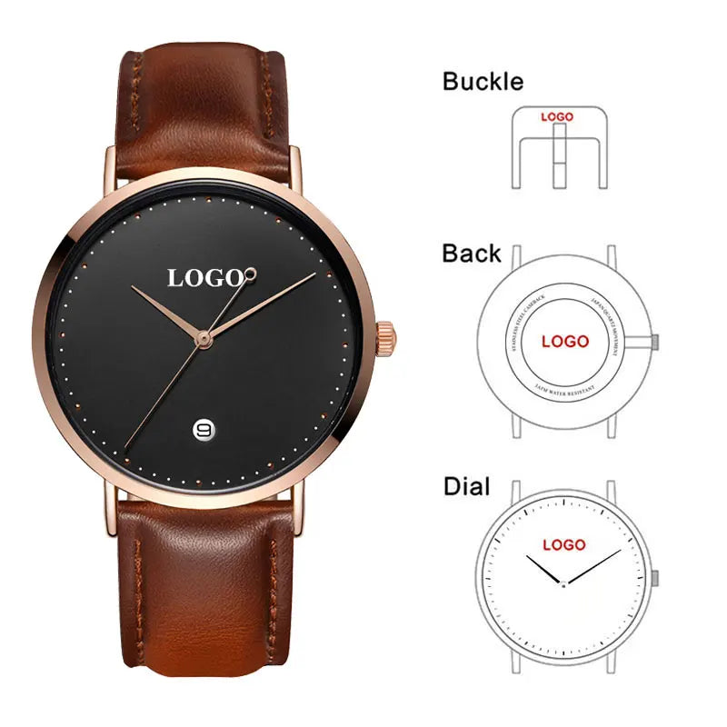CL026  Black Rose Gold Build Brand Your Own Watch Custom Design OEM Logo Printed Watch Men Wrist Calendar Minimalist Watch
