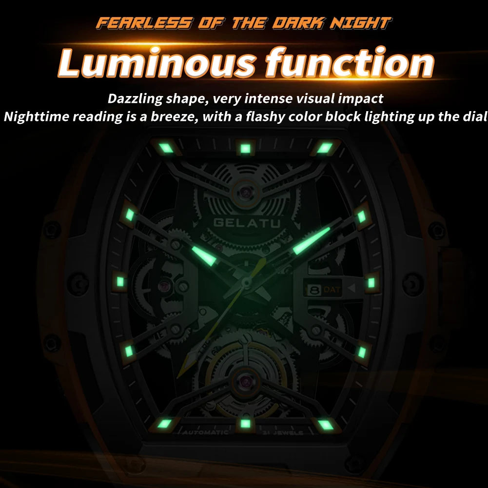 GELATU Men's Watches Trend Fashion Hollow Out Self-winding Automatic Mechanical Wristwatch Sapphire Mirror Waterproof Luminous