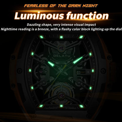 GELATU Men's Watches Trend Fashion Hollow Out Self-winding Automatic Mechanical Wristwatch Sapphire Mirror Waterproof Luminous